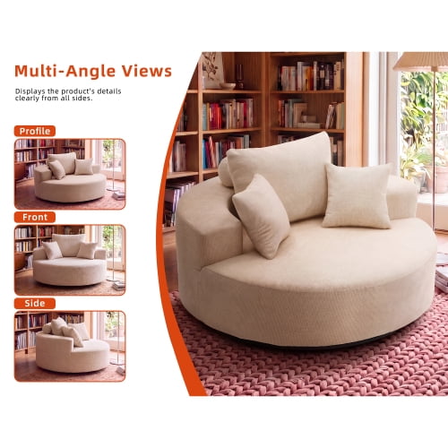 55" Oversized Round Swivel Chair, 360° Rotating Chenille Cotton Blend Accent Chair with High-Density Foam Cushion, Modern Comfy Seating for Living Room, Bedroom, Reading Nook – Beige