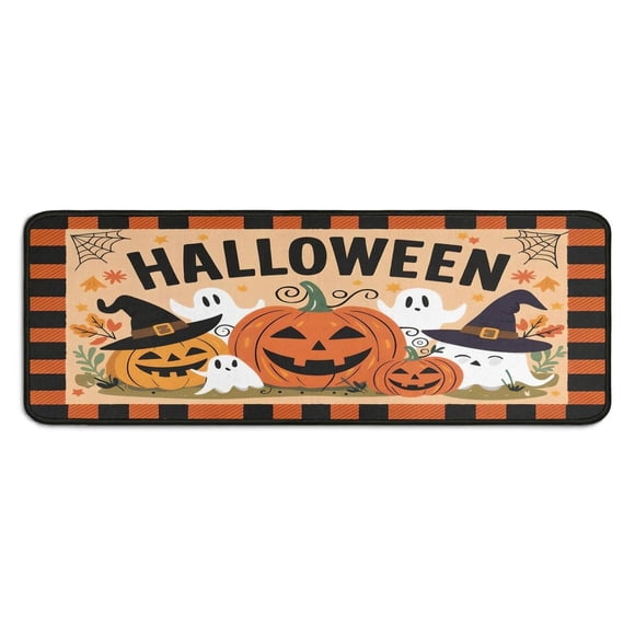 2 Pcs Happy Halloween Kitchen Rugs and Mats Set Pumpkin Witch Bat Spider Kitchen Floor Mat Anti Fatigue Kitchen Rugs and Matsfor Bathroom Room (47x17+30x17 Inches)
