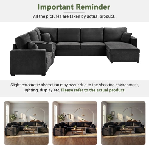 134" U-Shape Modular Sectional Sofa, 5-Seat Couch with Chaise Lounge, Deep Seat, Built-In Cup Holders, Storage Drawer and Pillows, Black
