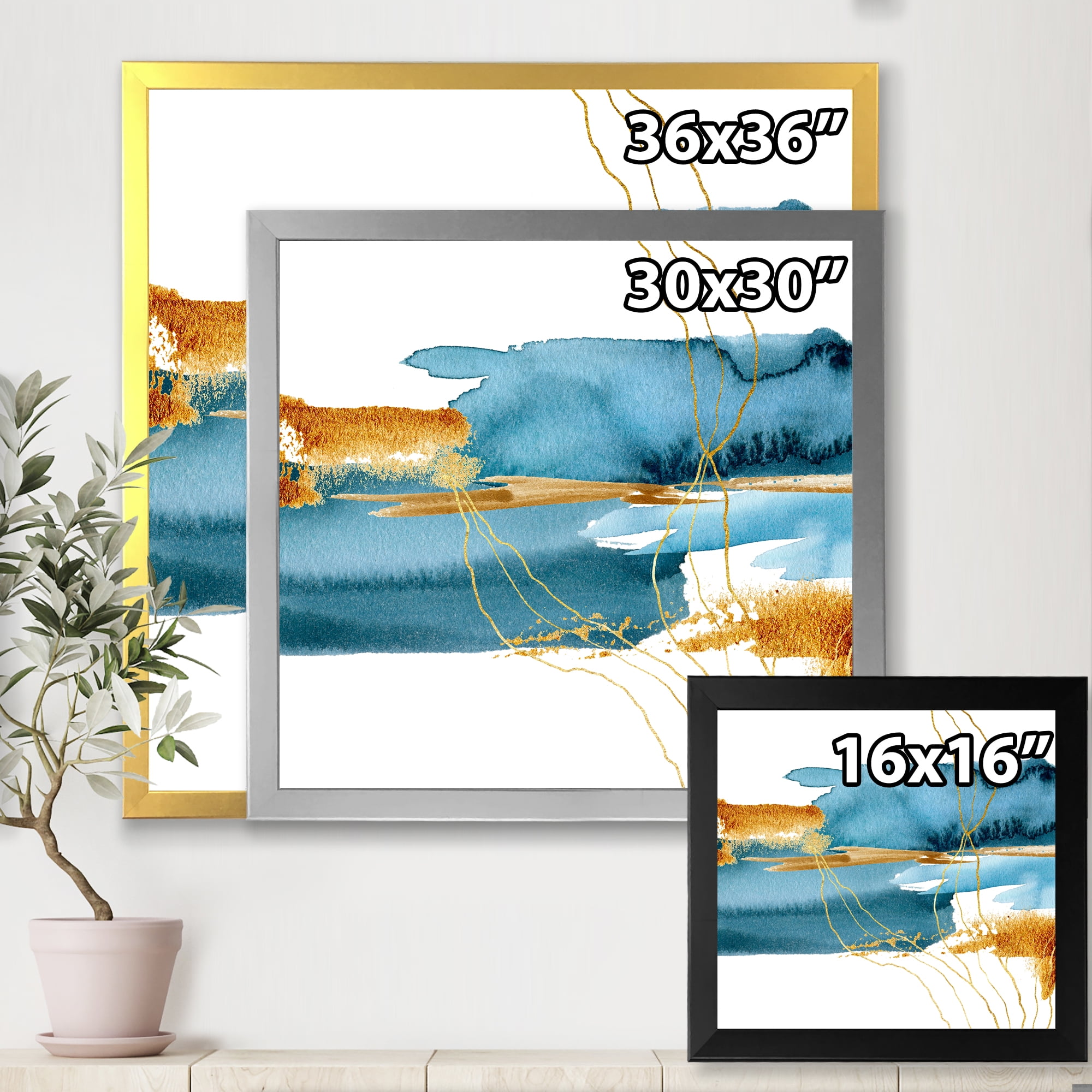 Designart 'Golden Laminaria Branch With Blue Underwater Plant' Modern Framed Art Print