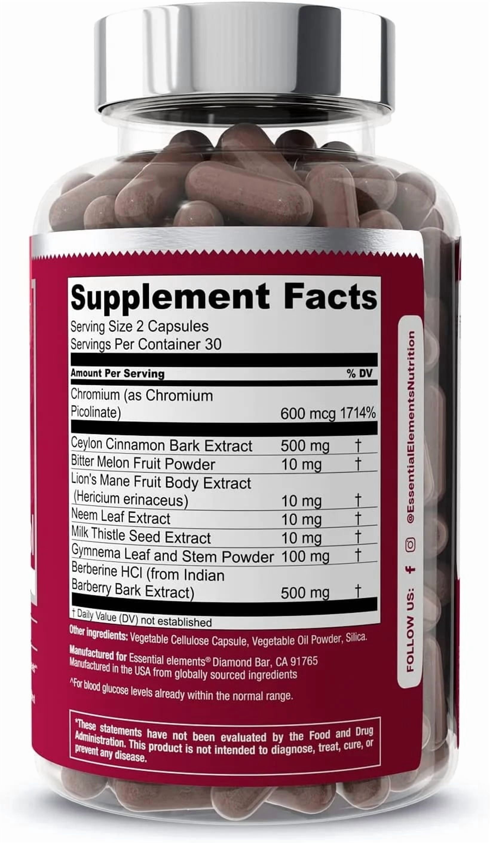 Essential Elements Blood Glucose Supplement with Ceylon Cinnamon and Berberine GluControl | 120 Capsules (2-Pack)