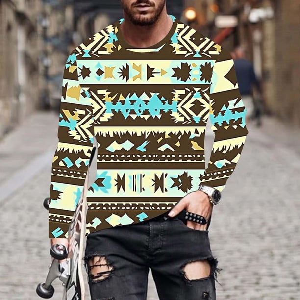Blusas y camisas de manga larga con cuello redondo para hombre, blusa informal de moda con estampado de cuello redondo y manga larga, blusa estampada para hombre, blusa de poliéster