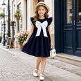 thumbnail image 4 of IPIO Girls Navy Blue Party Dress with Oversized White Bow, Ruffle Flutter Sleeves Flare Formal Dress for Wedding, Birthday, Holiday and Special Occasion, 4 of 8