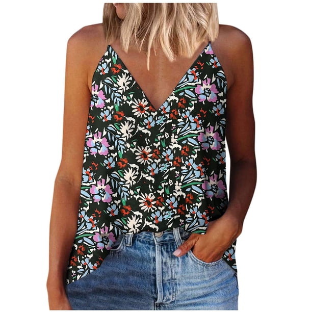 Gibobby Camiseta de tirantes con estampado de camisola para mujer, camiseta, blusa, camiseta sin mangas, cuello en V, tirantes finos(Negro,M)