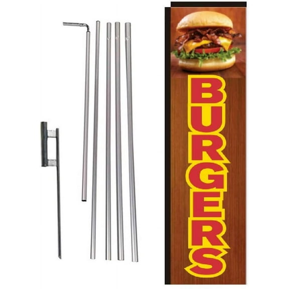 Burgers Restaurant Rectangle Feather Banner Flag Sign with Pole Kit and Ground Spike for Restaurants, Markets, Business Owners