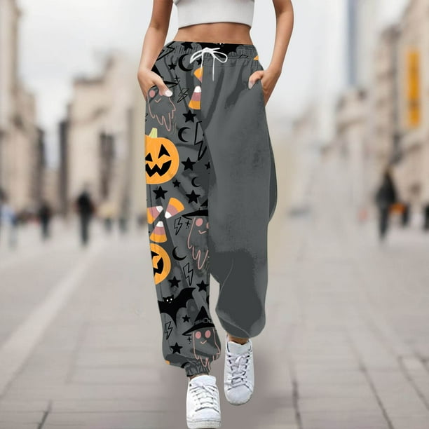 WILLBEST Pantalones Deportivos Casuales para Mujer, Cómodos, con Estampado de Halloween, Cintura Elástica Suave, Diseño de Dibujos Animados, Pantalones Holgados para Uso Diario Grande