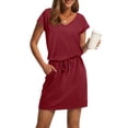 thumbnail image 3 of FRSASU Robes T-Shirt pour Femmes Tendance à Taille Nouée Robe Rayée avec Poches Décontractée Col Ras du Cou Manches Courtes Robe Midi Rouge, 3 of 6