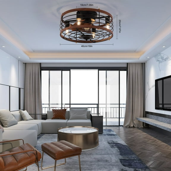 Denest Vintage Enclose Bladeless 18'' Walnut Textured Industrial E26 Flush Ceiling Fan