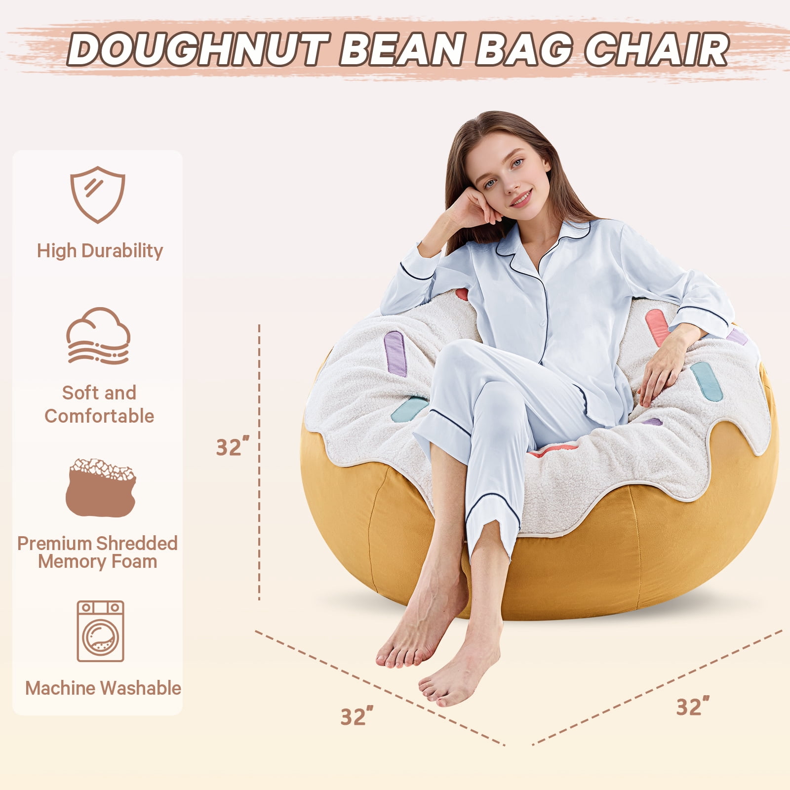 XIECUVA Bean Bag Chair for Adults, High-Rebound Memory Foam Beanbag Chairs with Removable Cover for Living Room Bedroom, 32 Inches