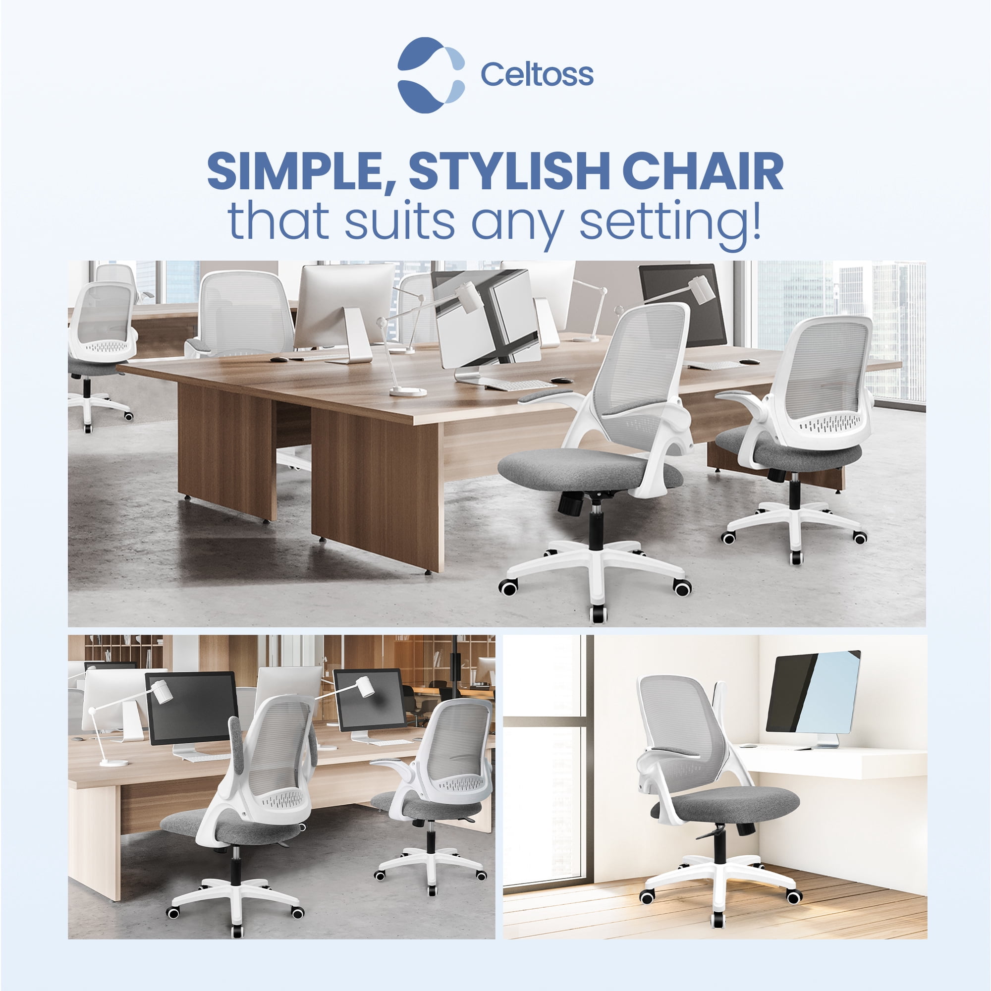 CELTOSS Ergonomic Office Chair, Flip-Up Arms, Adjustable Lumbar Support, Grey