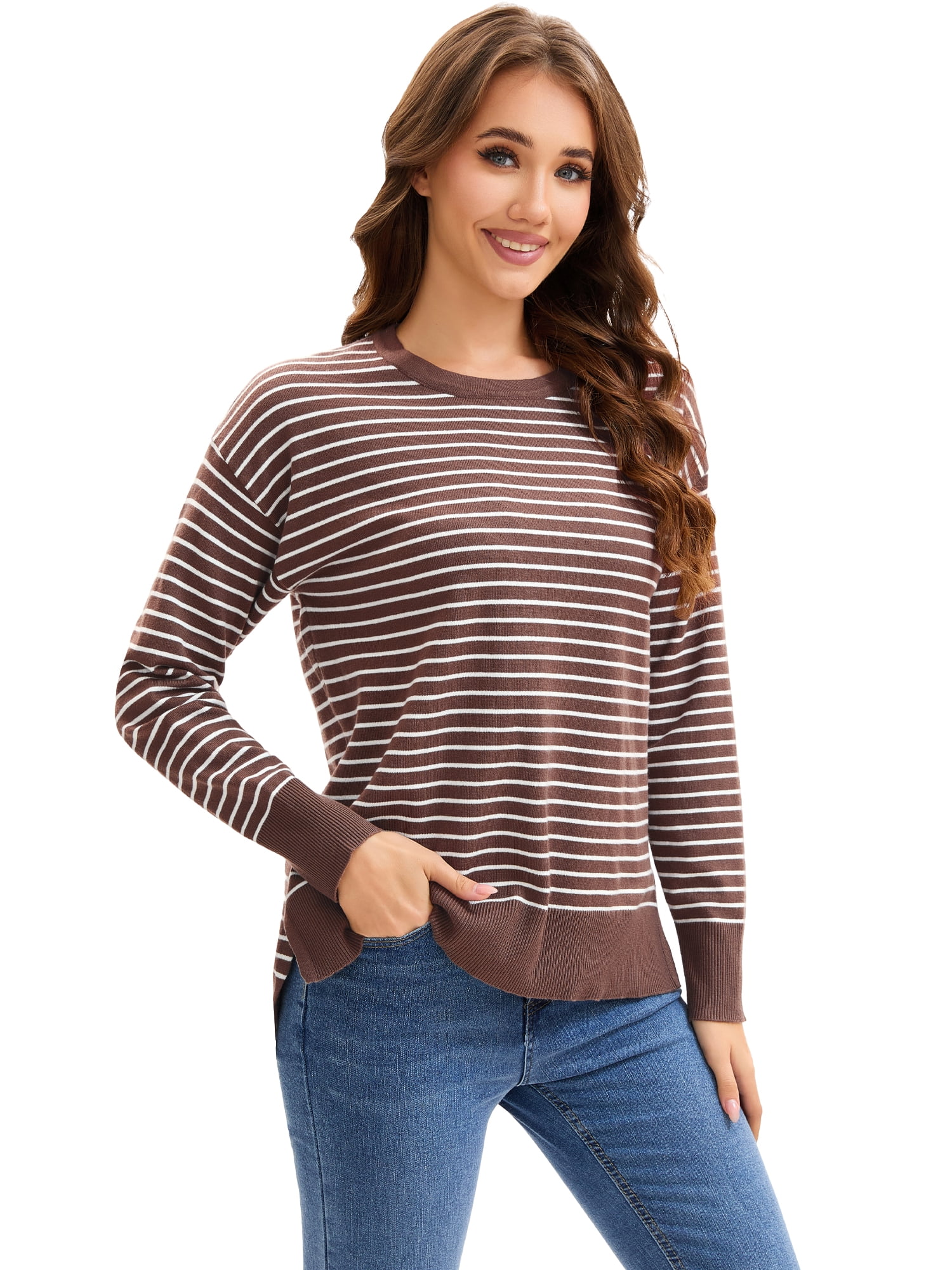 DARING DIVA Women's Striped Side Slits Long Sleeve Pullover Knit Tops L Brown-white