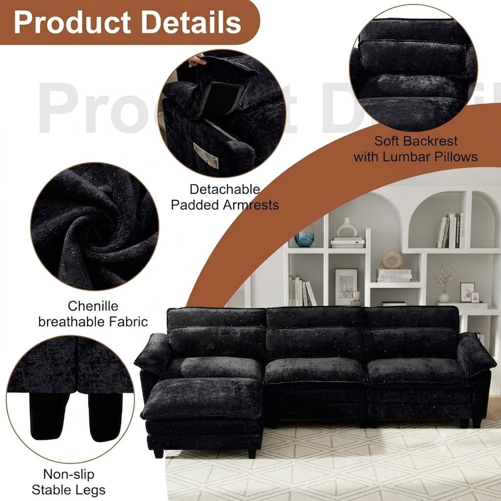 Howcool 113" Modular Sectional Sofa, L-Shaped 3 Seater Cloud Couch with Movable Ottoman, Deep Seat Chenille Sofa with USB Charging Ports & Side Pockets for Living Room, Black