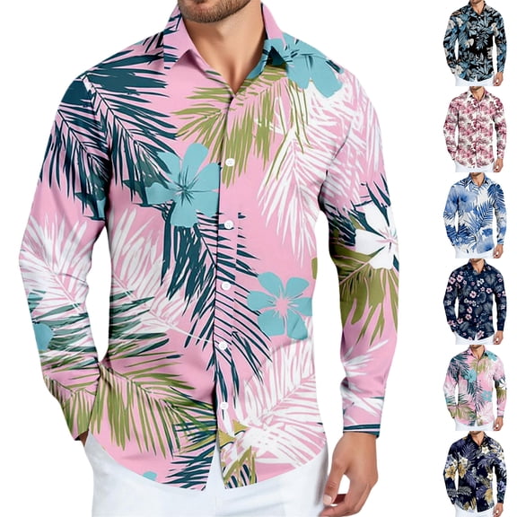 LTTVQM Mens Hawaiian Shirt Casual Long Sleeve Button Down Shirts Vacation Collared Tshirts 2026 Summer Fashion Clothing Light Blue M