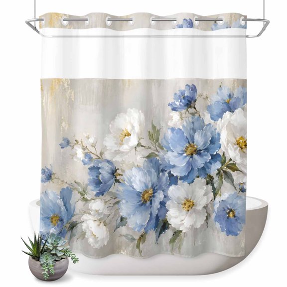 No Hook Shower Curtain, Blue White Floral Shower Curtains for Bathroom with See Through Top Window, Modern Abstract Rustic Flowers Leaf Waterproof & Washable Bath Curtain 66"x72"
