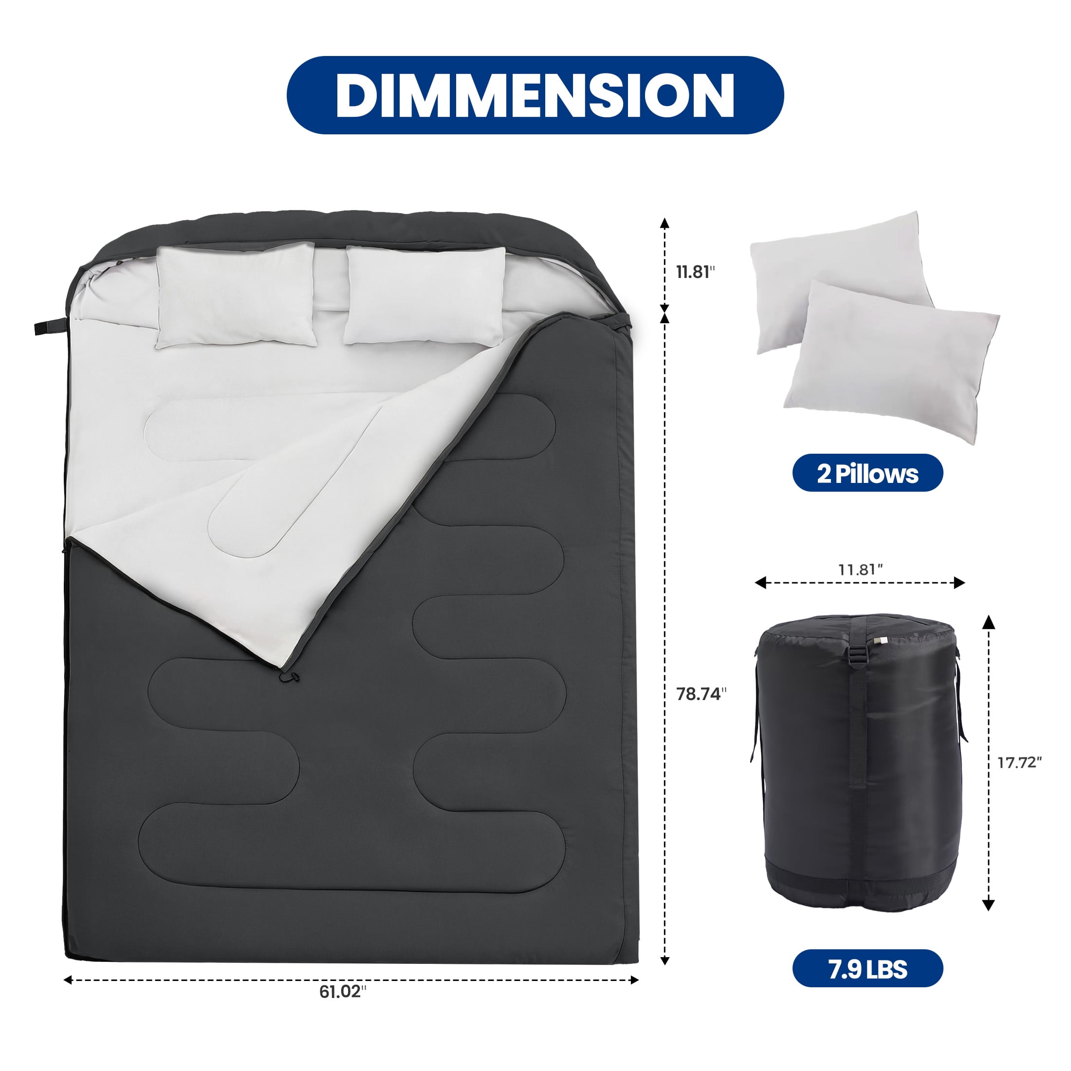 edx Double Sleeping Bag for Adults with 2 Pillows, Queen Size Waterproof Sleeping Bag 2 in 1 Design, Lightweight for Camping Travel, Black