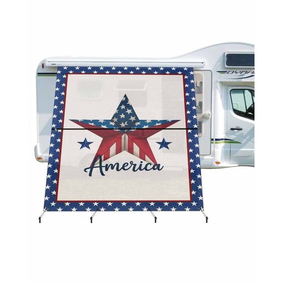 4th of July RV Awning Sun Shade Screen 9'X7' Stars USA Flag Mesh Sunscreen Patriotic Red White and Blue Awning Shade Screen with Zipper UV Blocker Completed Kits for RV Motorhome Camper