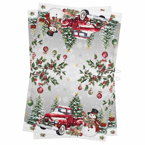 Grey Christmas Kitchen Towels Set of 2, Water Absorbent Dish Towel, Xmas Snowman Truck Snowflake Tree Balls Decorative Hand Towels - Quick Drying Cloth for Cooking Baking, 18x28 Inch