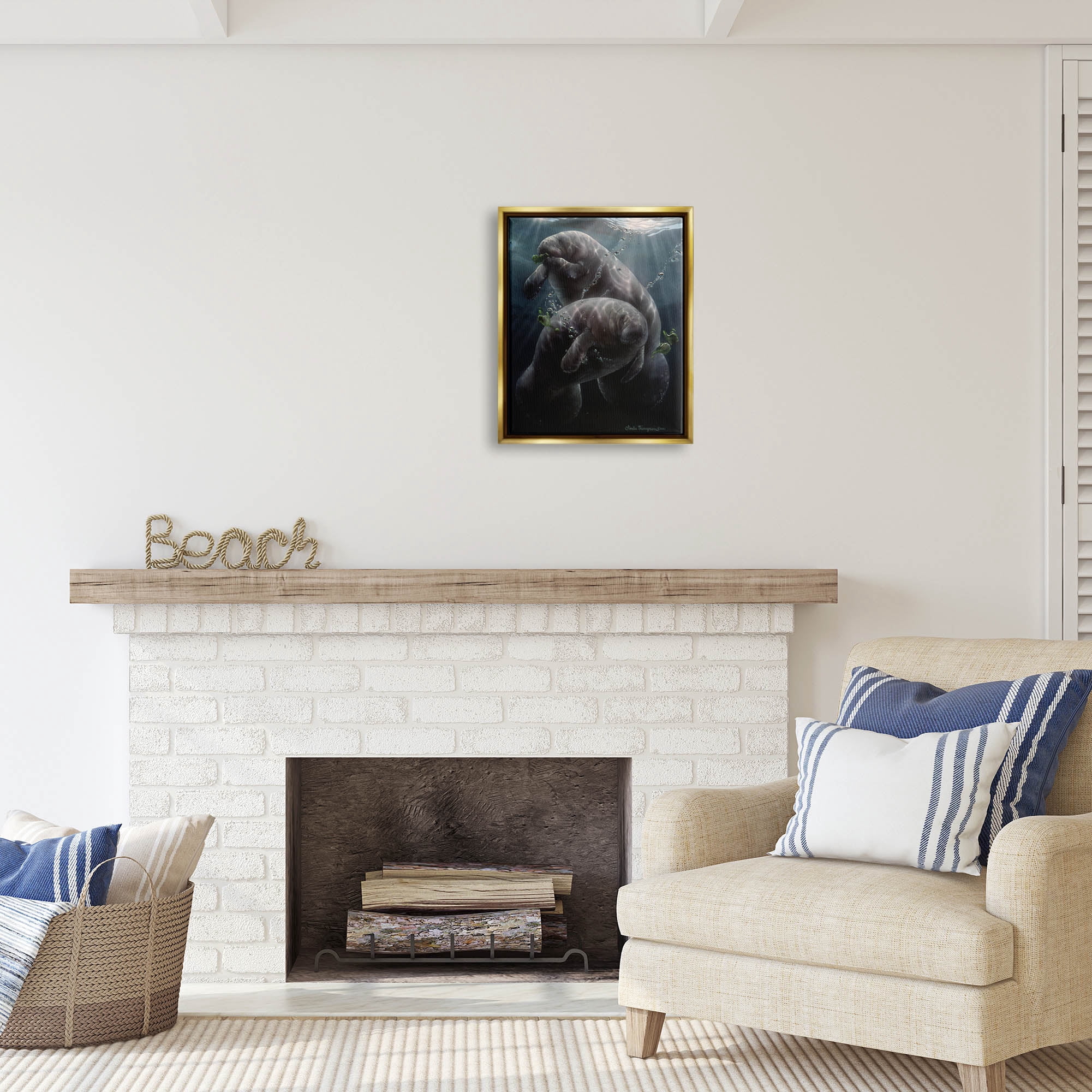 Stupell Industries Snack Time Manatees Underwater Coastal Painting Gold Floater Framed Art Print Wall Art