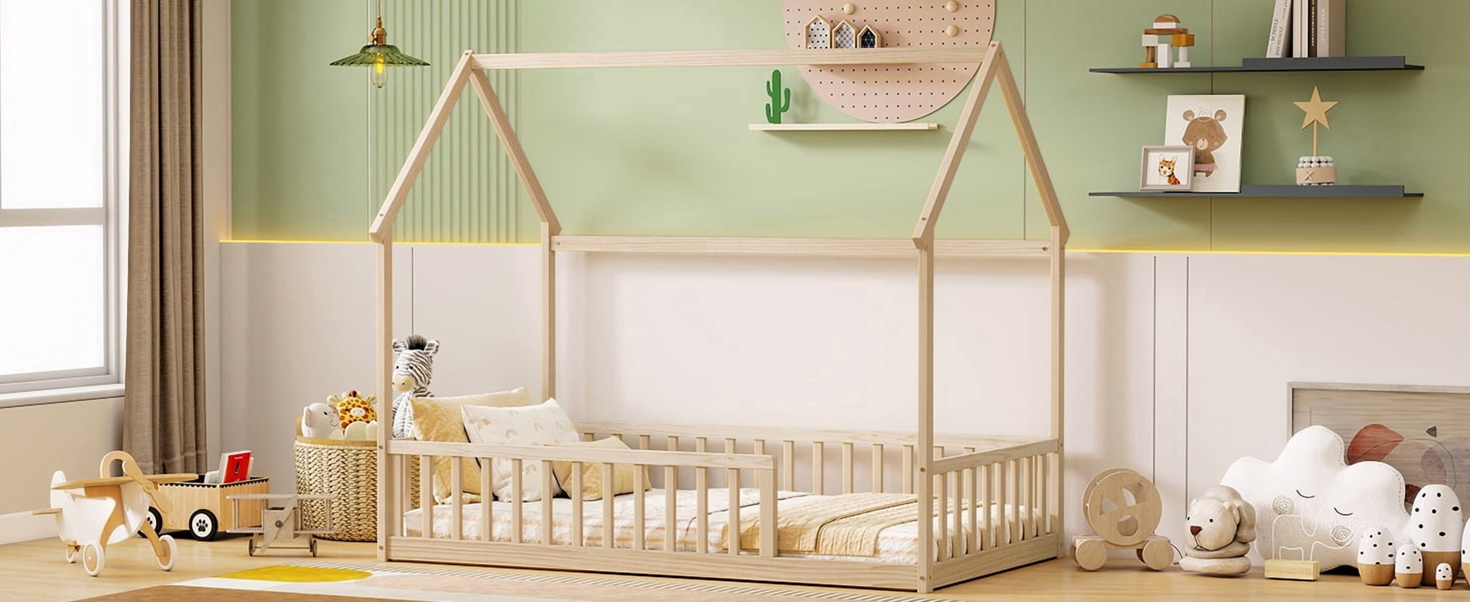 Mintazer Twin Size House Toddler Floor Bed with Guardrails, Kids Montessori Low Bed with Roof Frame for Bedroom Playroom, Natural