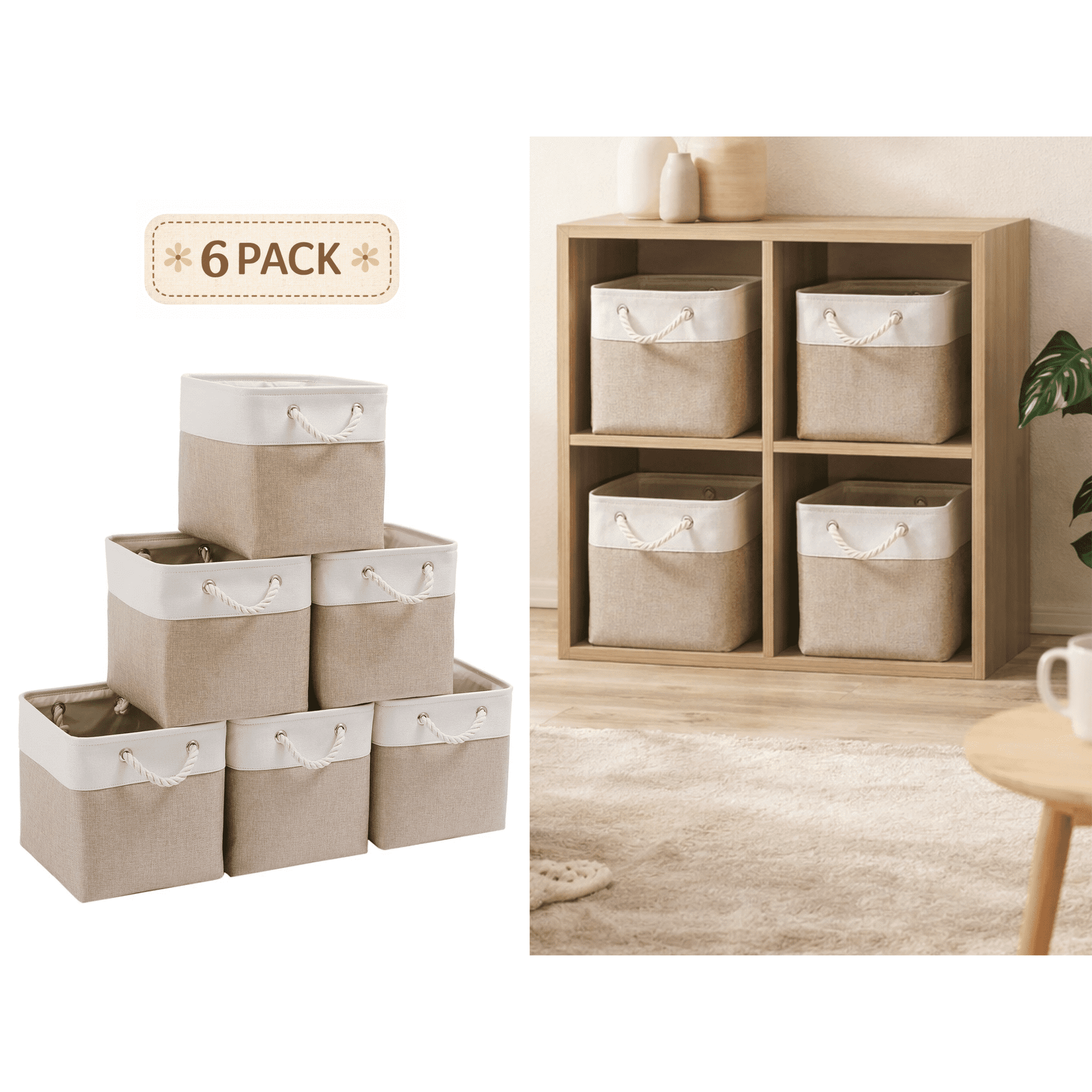 11 x 11 x 11 Inch Cube Storage Bins, 6 Pack Large Collapsible Fabric Storage Cubes with Rope Handles, Foldable Organizer Bins for Clothes, Toys & Closet Storage, White & Beige