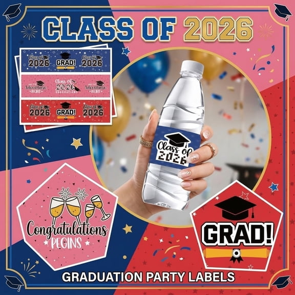Graduation Decorations Classof2026, Pink Graduation Decorations 2026, Star, 2X8inBottle Wraps, 24 Pcs, Graduation 2026 Celebration, Pink Decor
