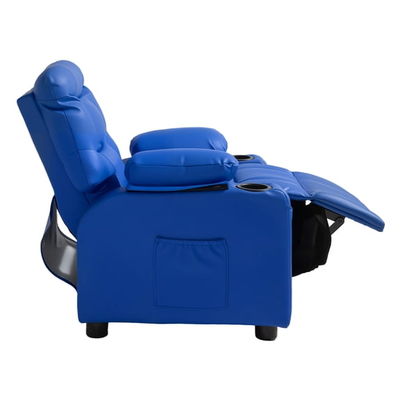 KFFKFF Children's Reclining Chair with Adjustable Backrest, Toddler Recliner Featuring Dual Cup Holders and Storage Pockets, Comfortable PU Leather Design with Footrest, Ideal for Kids (Blue)