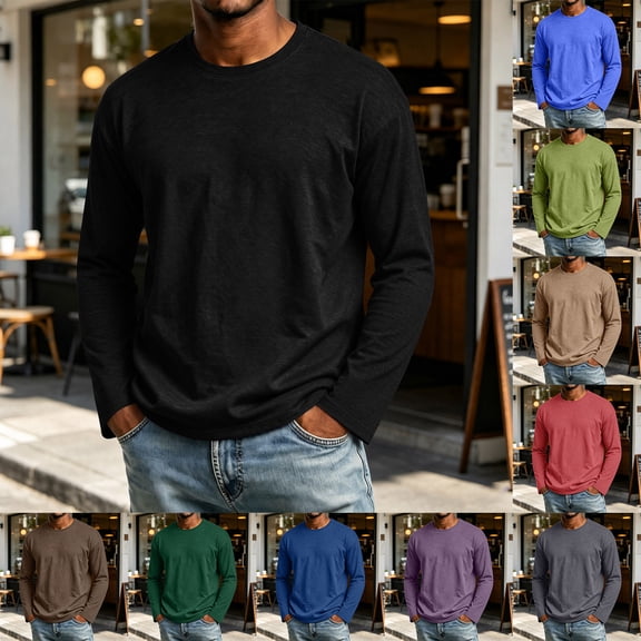 Men's Long Sleeve Tee Shirts Crew Neck T Shirt Solid Casual Basic Tees Soft Stretch T-Shirts