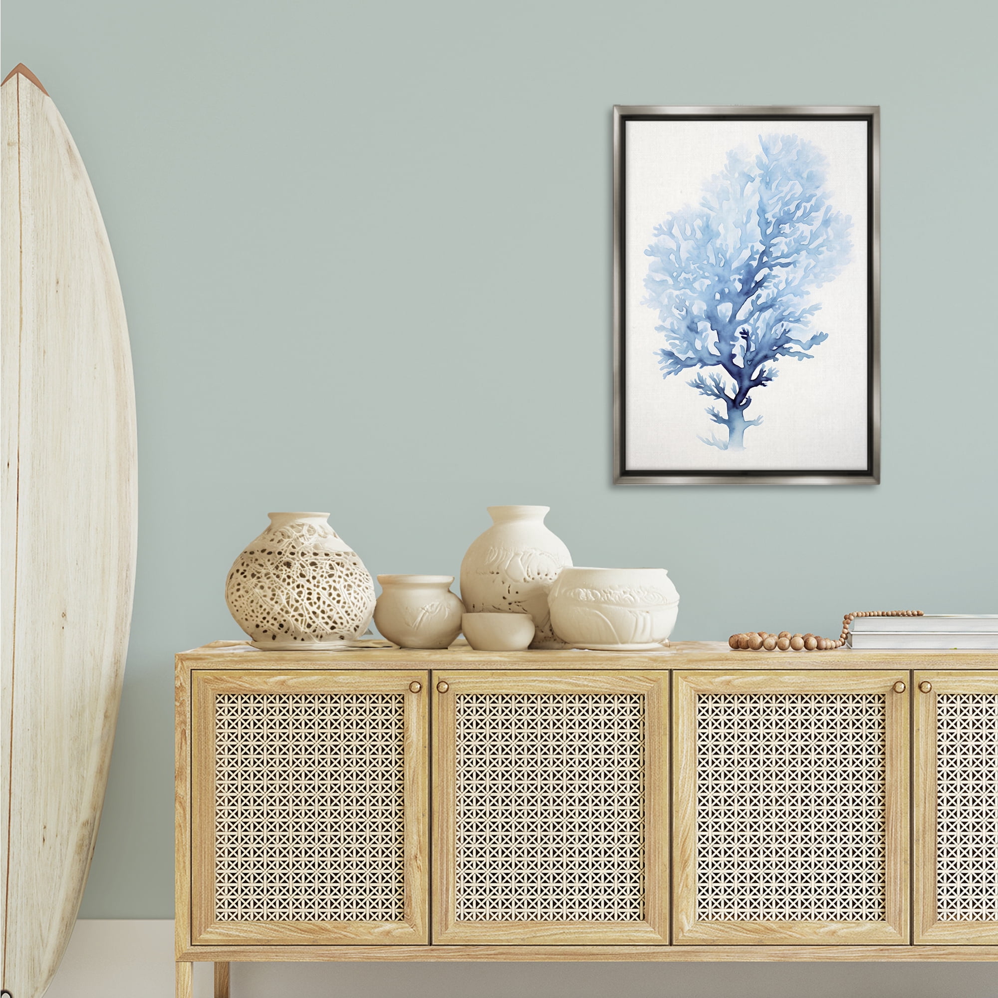 Stupell Industries Blue Coral Impression Animals & Insects Painting Gray Floater Framed Canvas Art Print Wall Art, 21 x 31