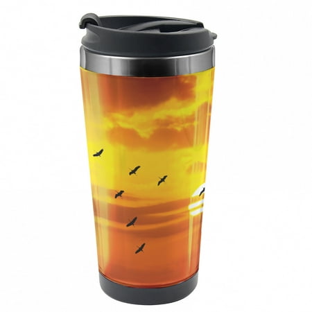 

Birds Travel Mug Birds Flying at Sunset Steel Thermal Cup 16 oz by Ambesonne