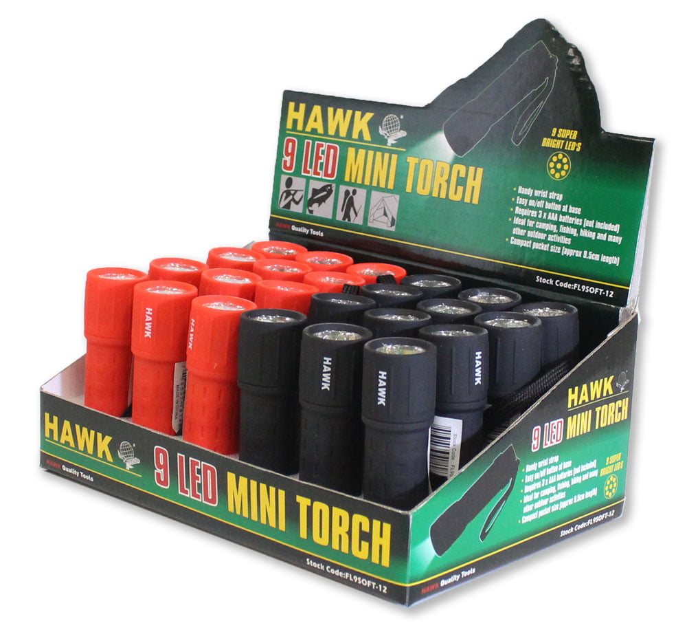 Lightweight 9 Led Flashlights In A Display Box Of 24 Pieces In Red And  Black, 3.75 Inches Long (Hawk: FL-19344)
