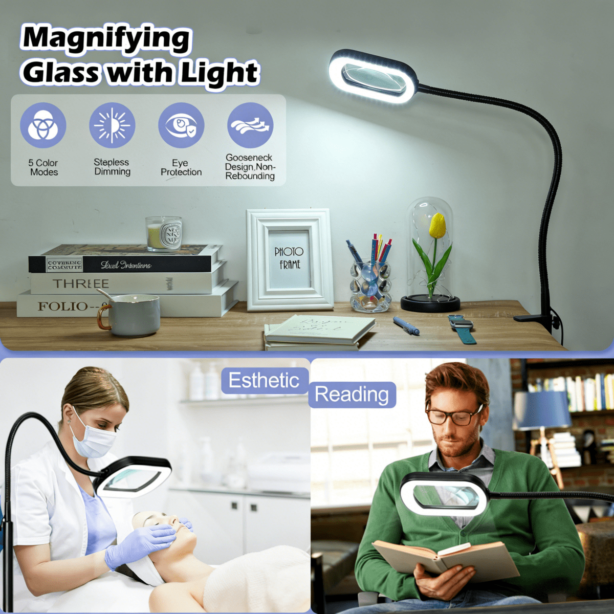 3-in-1 LED Magnifying Floor Lamp with Clamp, 24-inch Flexible Gooseneck, 5 Color Modes Stepless, Hands Free for Reading