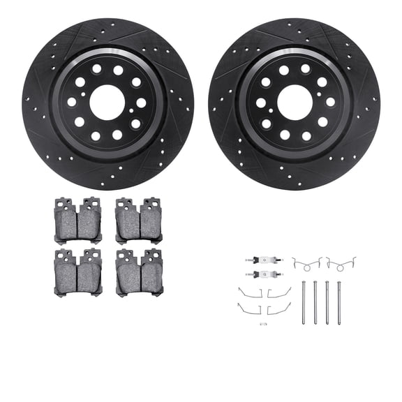 Dynamic Friction Company Rear Brake Rotors-Drilled and Slotted-Black with 5000 Euro Ceramic Brake Pads includes Hardware 8612-75002