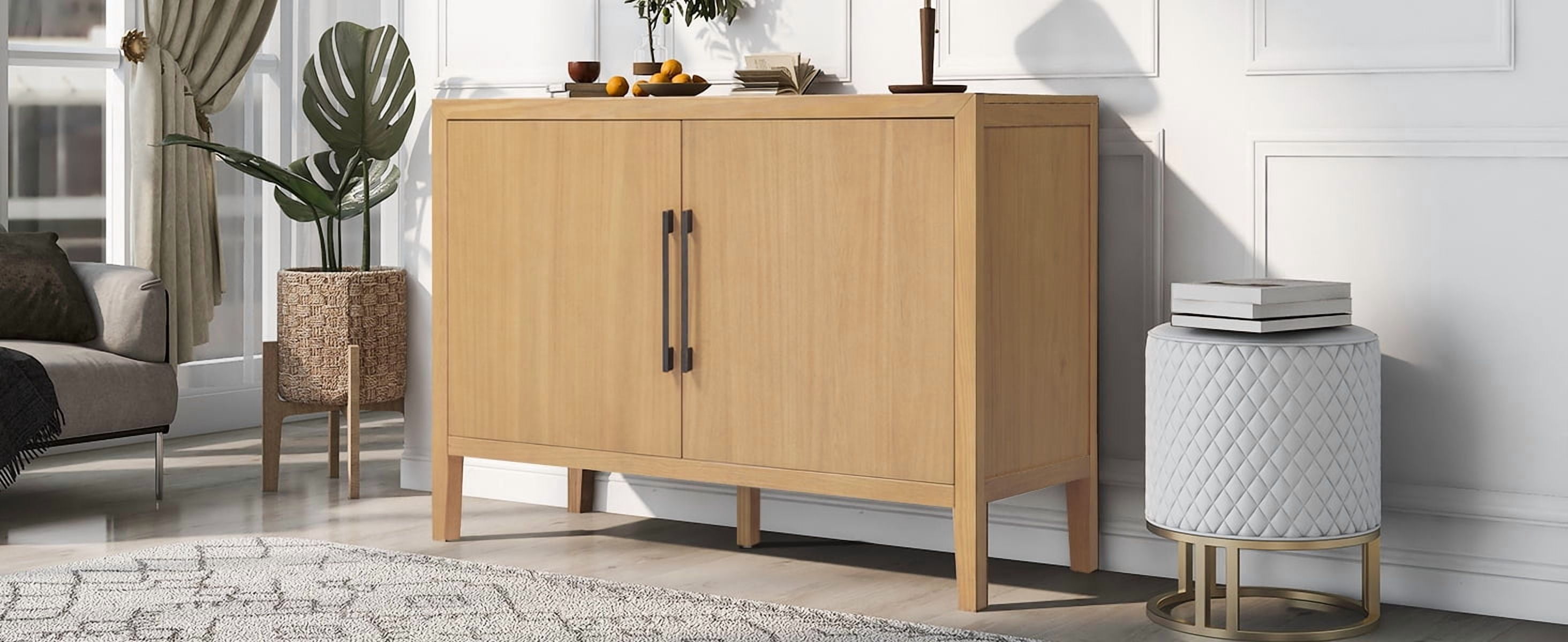 Mintazer 47.25" Farmhouse Sideboard with 2 Doors & Adjustable Feet, Wooden Storage Cabinet with Pine Veneer & Metal Handles for Entryway Living Room, Natural