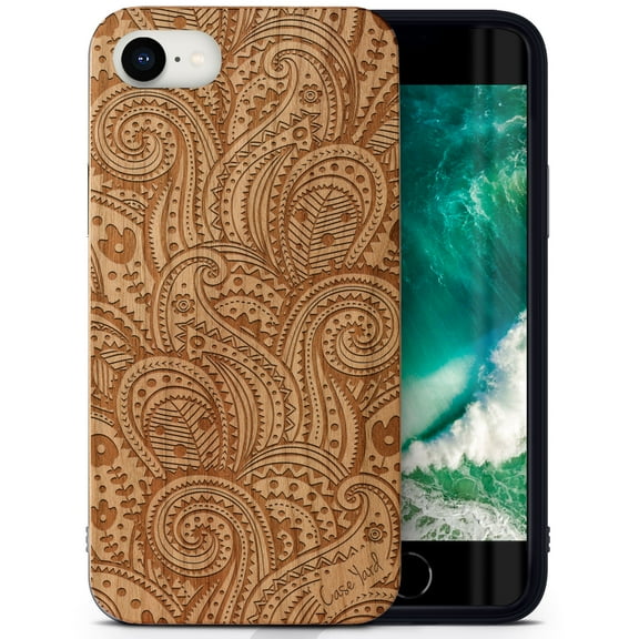 Case Yard Wooden Case Outside Soft TPU Silicone, Slim Fit Shockproof Wood Protective Phone Cover for Girls Boys Men and Women, Supports Wireless Charging Paisley Design case for iPhone-SE