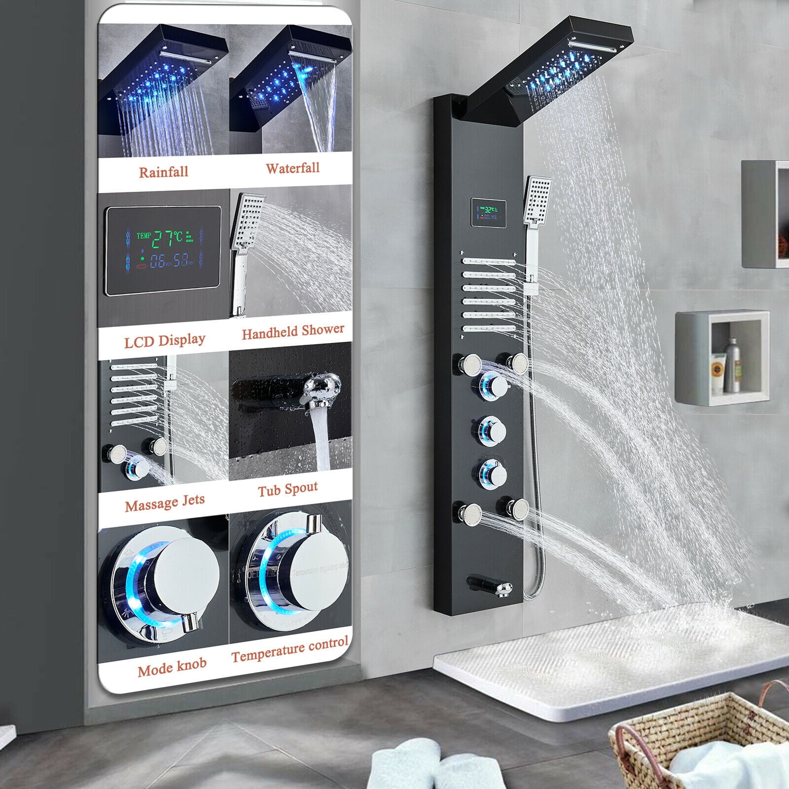 LED Shower Panel Tower System Rain&Waterfall Massage Black Stainless