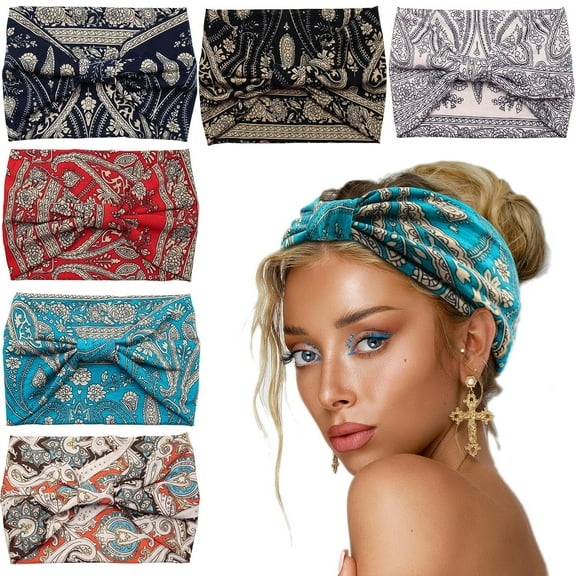 Wide Headbands for Women Boho Knotted Head Wraps Turbans Non Slip Bandana Headbands Sport Yoga Workout Stretchy Hair bands,Pack of 6