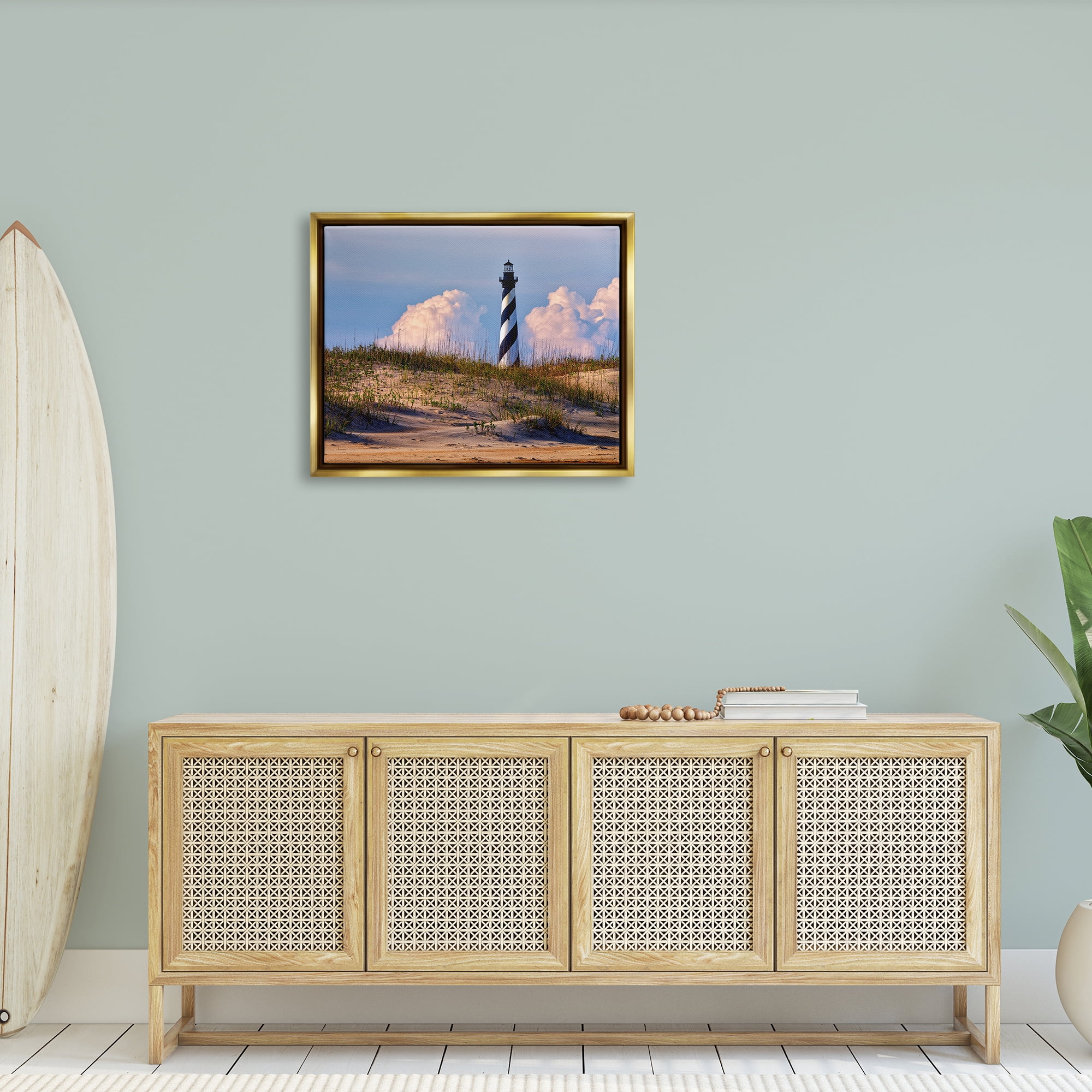 Stupell Nautical Lighthouse Cloudy Dunes Landscape Photography Gold Floater Framed Art Print Wall Art