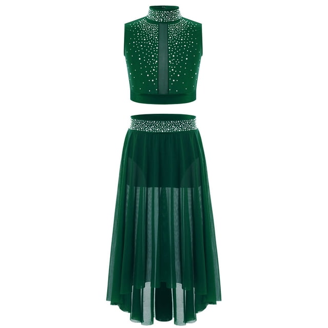 JanJean Filles Enfants Robe de Danse Lyrique Justaucorps de Ballet Ensembles Strass Haut Court avec Jupe Asymétrique Vert 14