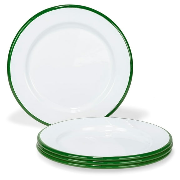 Red Co. Set of 4 Enamelware Metal Classic 8" Round Salad Plate, Solid White/Dark Green Rim