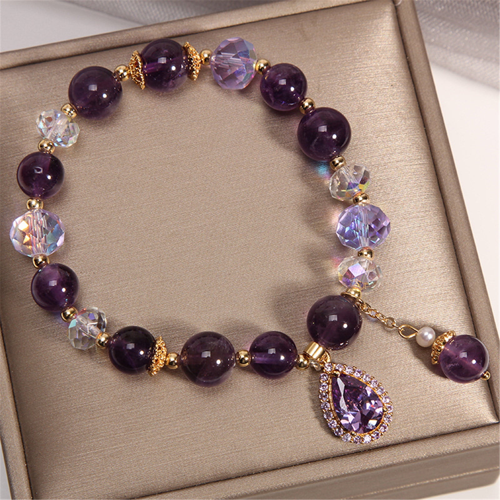 QXGSZA Natural Amethyst Crystal Bracelet - Raw Stone Pyramid, Elastic, Unpolished, Healing Chakra Bracelet