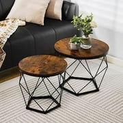 Touch-Rich Rustic Small Round Coffee Table with Steel Frame, Side End Table for, Bedroom, Living Room Office, Set of 2, Brown & Black