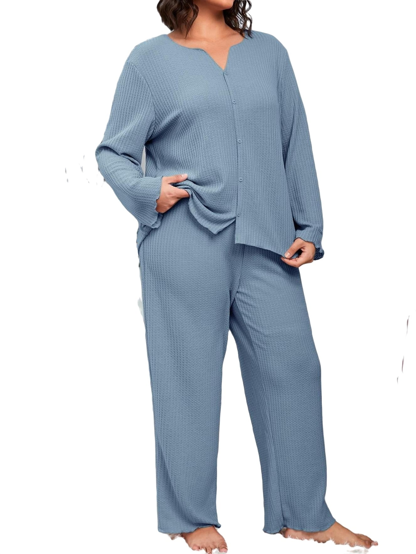 Dusty Blue Casual Plain Notched Neck Pant Sets Long Sleeve Plus Size