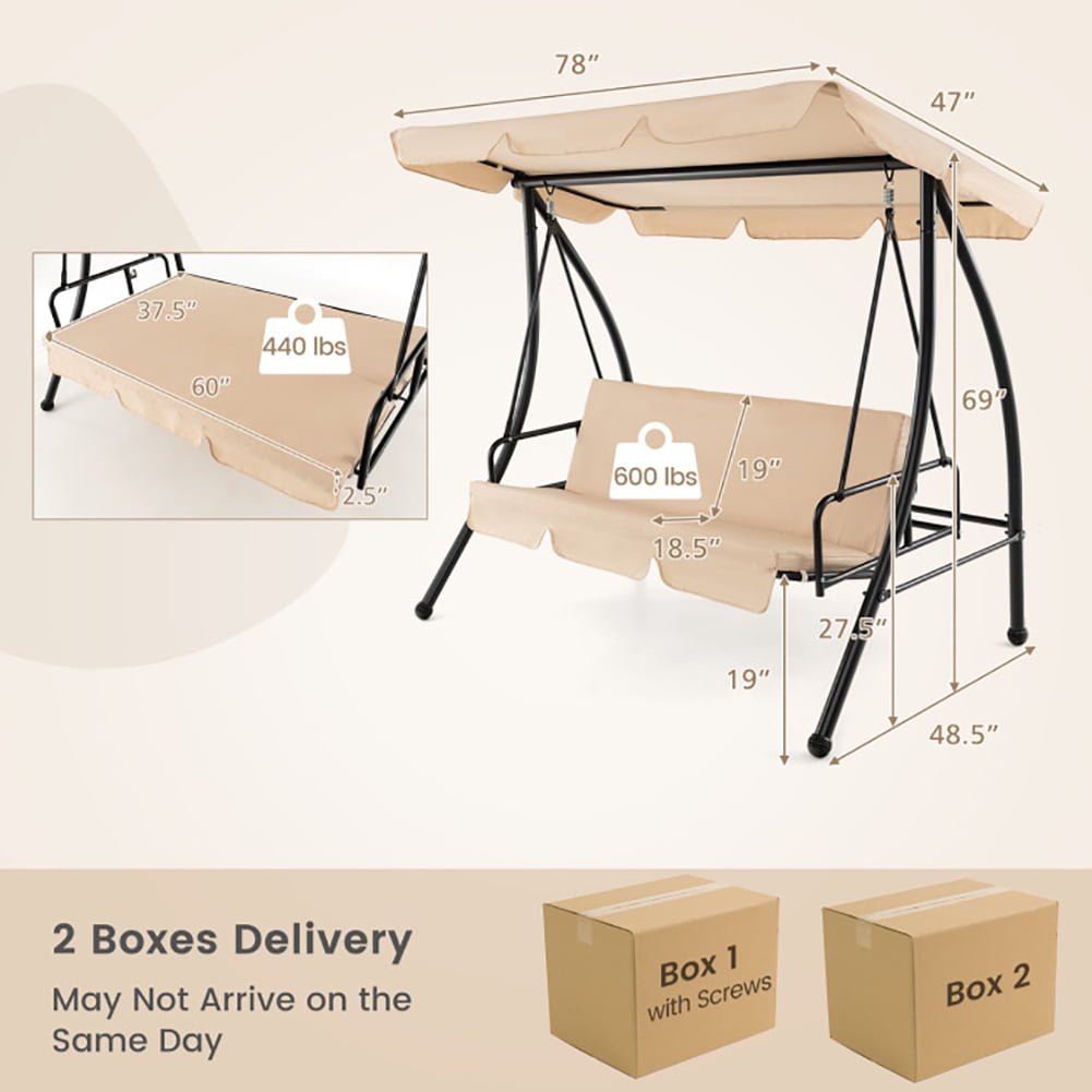 Aimee Lii 2-Seat Outdoor Convertible Swing Chair with Flat Bed and Adjustable Canopy, Outdoor Swing for Adults, Beige