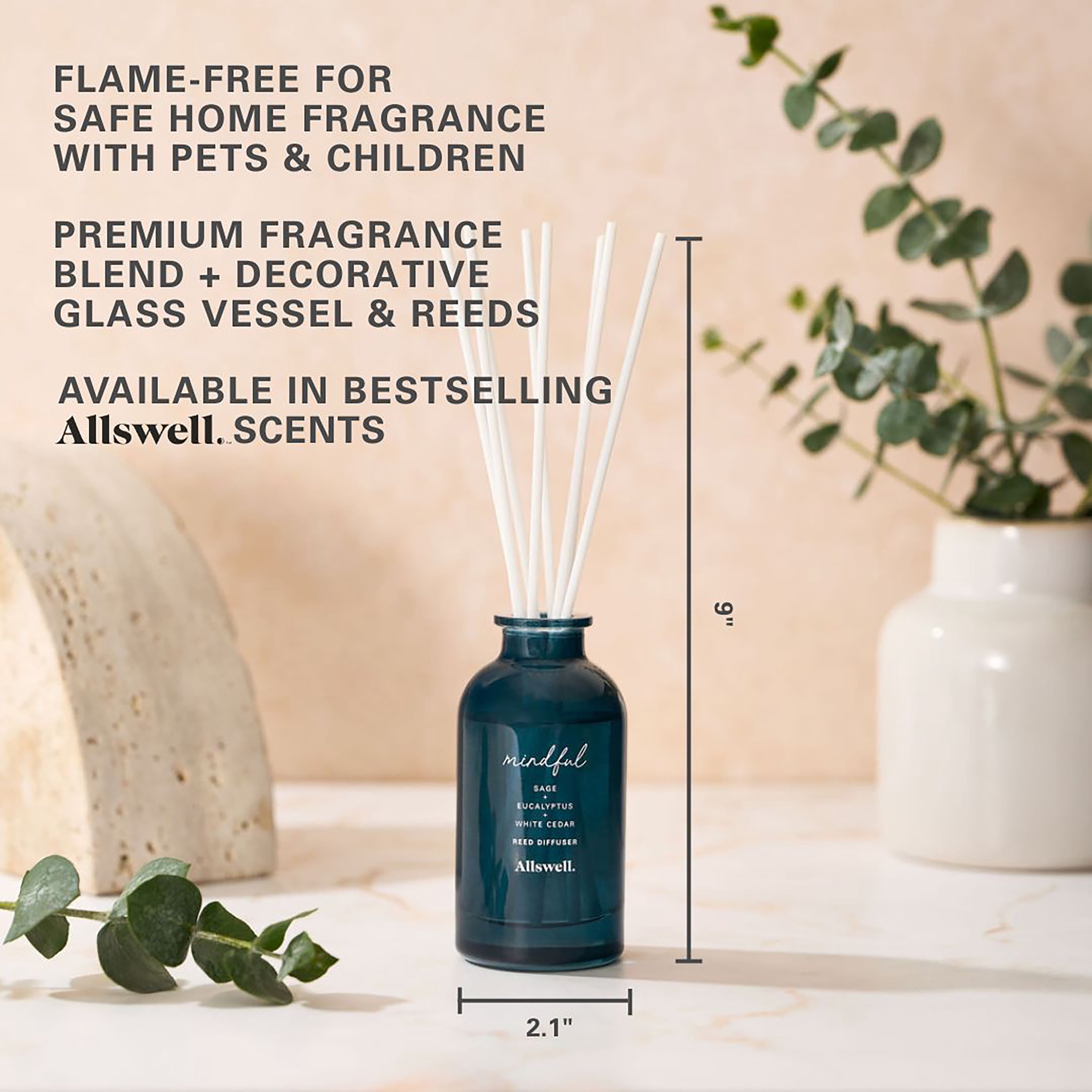 Allswell Mindful (Sage + Eucalyptus + White Cedar) Scented Reed Diffuser 3 fl oz (90mL) With 8 Synthetic Reeds.