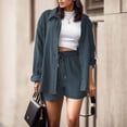 thumbnail image 2 of Arlun Two Piece Sets for Women Soft Cozy Fabric Long Sleeve Button down Shirts and High Waist Shorts Summer Casual Set Oversized Lightweight Breathable Plain Color Tracksuit Navy S, 2 of 5