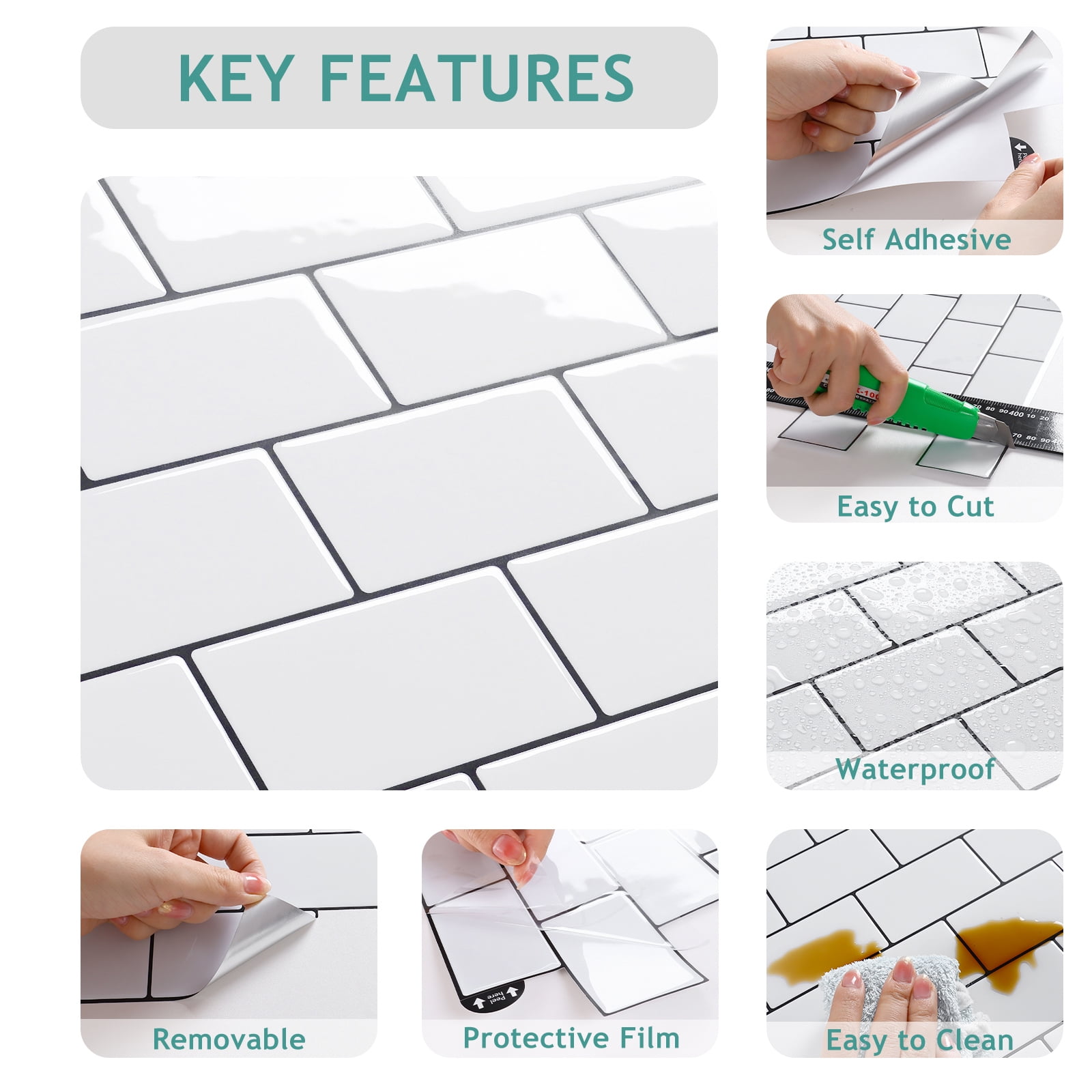 VEELIKE 6 Sheets White Subway Tiles Peel and Stick Backsplash Tiles for Kitchen Bathroom 12"x12" Waterproof Vinyl Wall Tiles Self Adhesive Wall Sticker Tile Faux White Brick Wall Panels