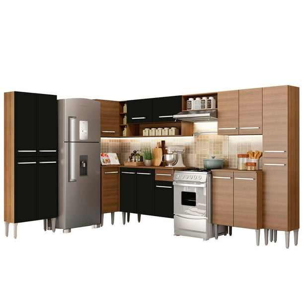 Cocina Integral Completa Esquinera 513cm Emilly Live Madesa 01 - Marrón/Negro Madesa GCEM513001