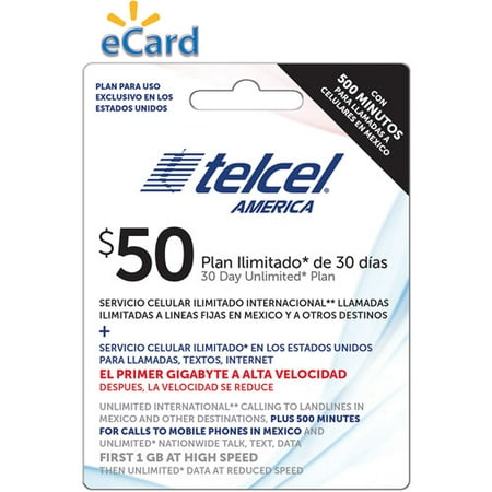 TelCel Unlimited International Long Distance Talk, Text and Data, 1GB at 4G, 500 Min Mex Cell $50 (Email