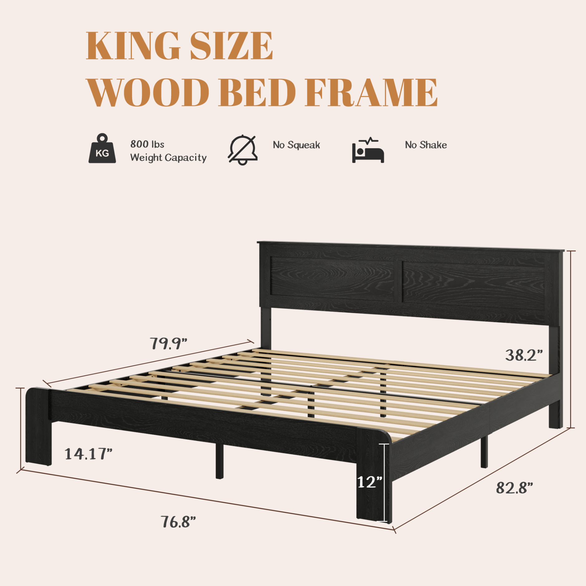 King Size Bed Frame with Headboard,Wood Platform Bed with Under Bed Storage Space and Sturdy Wooden Slats Supports,Noise-Free,No Box Spring Needed,Easy Assembly,Antique Black