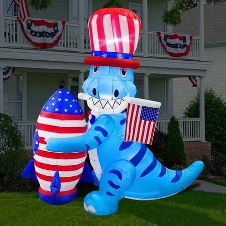 BESTPARTY 5ft Independent Day Dinosaur with Rocket and America Flag Decoration, 4th of July LED Blow Up Lighted Decor Indoor Outdoor Holiday Art Decor Decorations